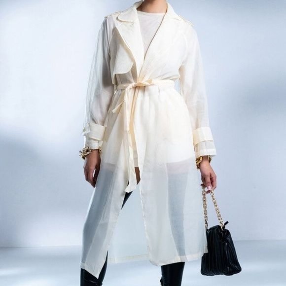 Callie Long Chiffon: Sheer Mesh Sash Trench Duster Jacket M L - Picture 7 of 11